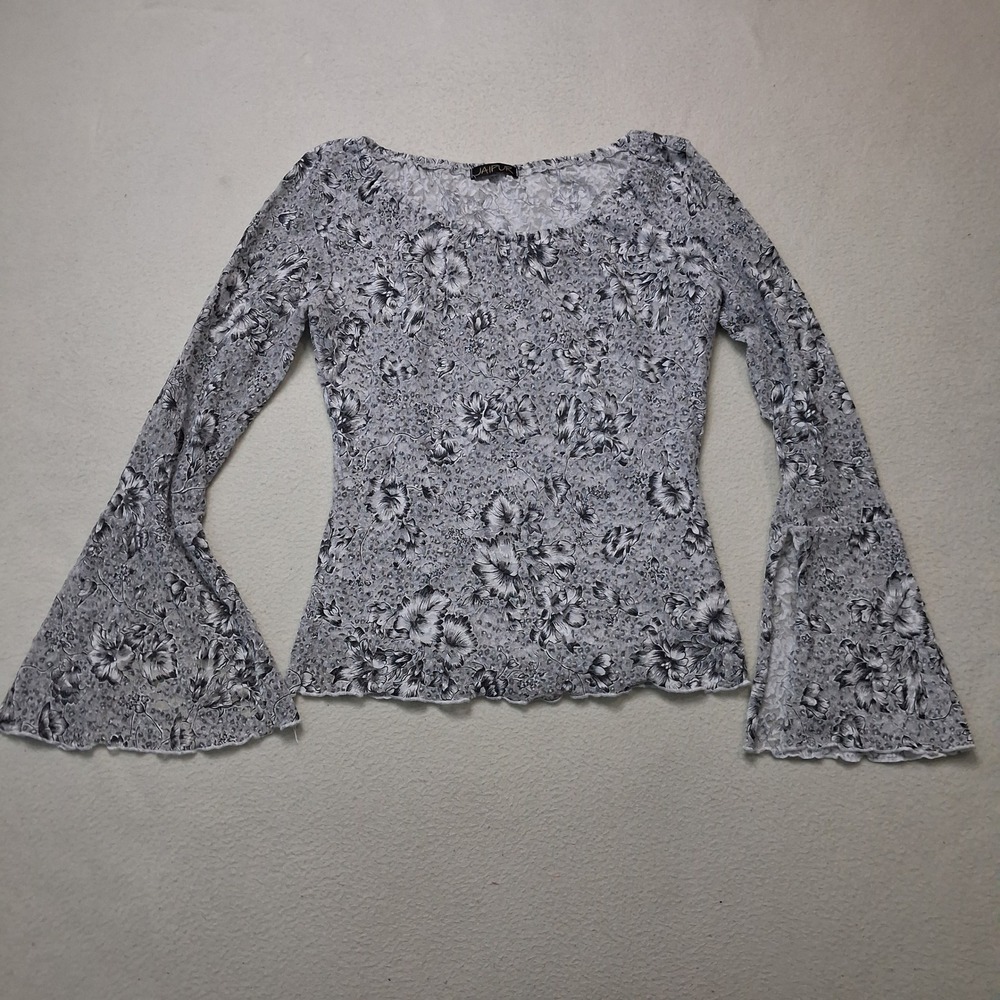 Jaipur Floral Lace‎ Bell Sleeve Top Black White Y2K Sheer Lettuce Edge Small